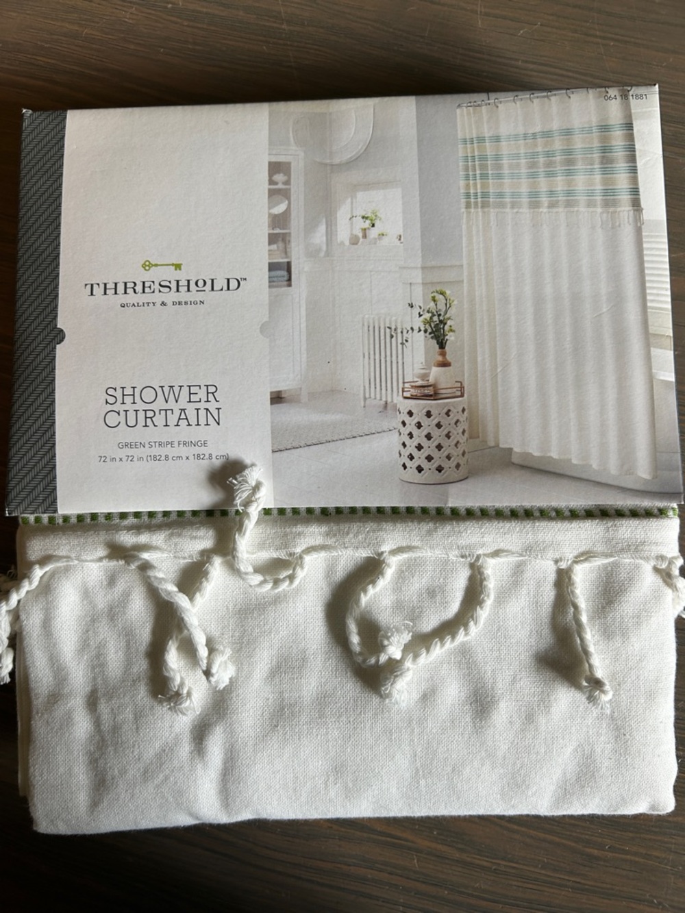 NWT Threshold White Shower Curtain with Green Striped Fringe